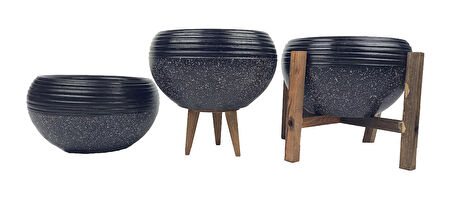 Ev Dekorasyon  Siyah Granit Küp Aranjman Saksı Saksılık Salon Çiçeklik Üçlü Set